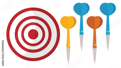 Dartboard target with colorful darts illustration isolated on white background, success and goal concept