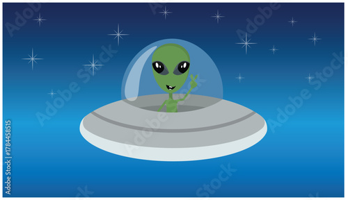 Cute green alien waving from spaceship in outer space illustration, UFO cartoon on night sky background