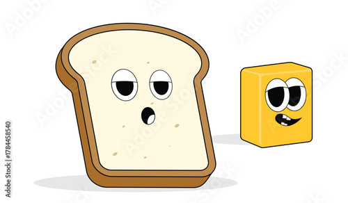 Funny bread and cheese characters with cartoon faces isolated on white background