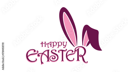 Happy Easter text with bunny ears illustration isolated on white background, festive holiday design