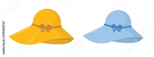 Yellow and blue summer hats with ribbon bows illustration isolated