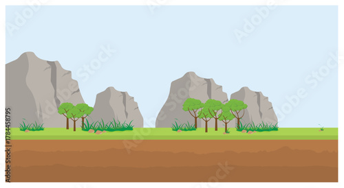 Mountain landscape with green trees and soil layer illustration