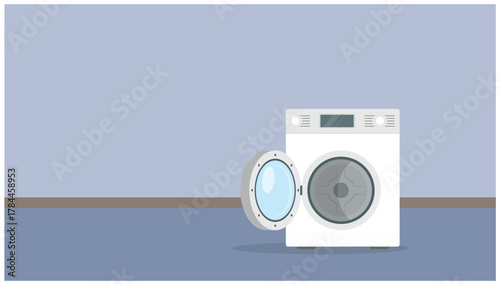 Front load washing machine with open door in laundry room, modern household appliance