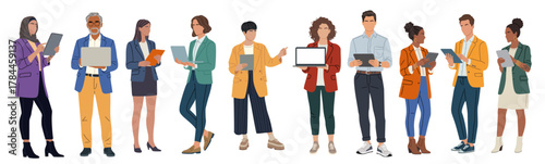 Flat minimalist vector of ten diverse professionals holding laptops and tablets. Modern business casual style with clean lines and bright, cohesive color palette on transparent background.