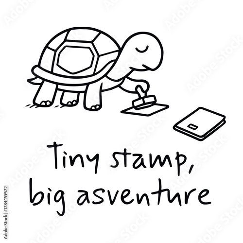 Cartoon turtle stamping paper with content expression and “Tiny stamp, big asventure” text in black and white line style, vector, tracing