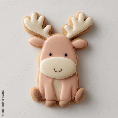 “Cute Gingerbread Moose Cookie with Pastel Beige Icing Antlers”and a soft brown body, featuring a smiling face, kawaii proportion, isolated on a white background, photographed in natural daylight 