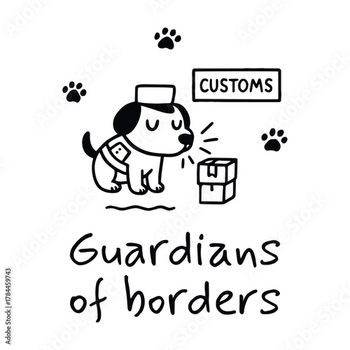 Cartoon customs dog sniffing package with paw prints and “Guardians of borders” text in black and white line style, vector, tracing