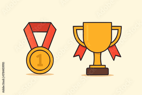 Golden cup trophy, medal, and award icons symbolizing championship success and victory