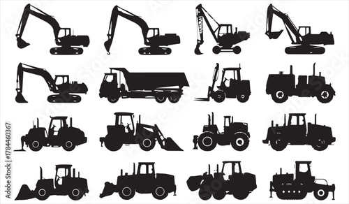 Black silhouette icons of heavy machinery including excavator, crane, and truck for industrial use