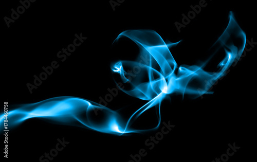 Abstract blue smoke swirl on black background with glowing neon effect, representing motion, energy, and futuristic technology. Perfect for digital design, sci-fi, or creative art projects.