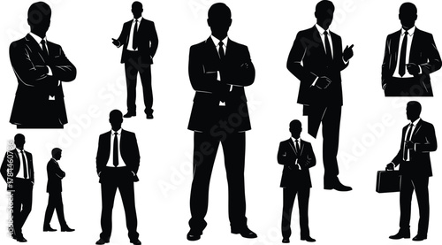Businessmen silhouettes, confident executives in suits, professional corporate men pose, leadership concept, teamwork illustration, 