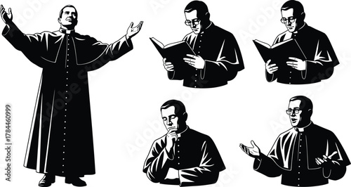 Cleric silhouette illustration, black vector figures, religious poses and gestures, priest reading scroll, spiritual expression icons, sermon design, contemplative artwork