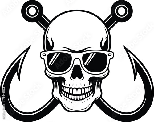 Skull wearing sunglasses with crossed fishing hooks