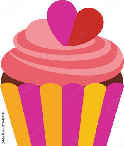 Colorful vector cupcake with pink frosting and a split heart decoration on a striped wrapper