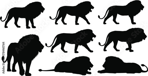 Foto Lion silhouette collection, black vector animals, majestic wildlife poses, roari