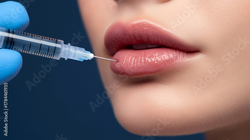 Lip augmentation with dermal fillers: A gloved hand holds a syringe injecting the upper lip for enhanced volume & definition. Precise technique for cosmetic enhancement.