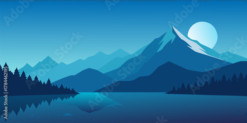 Blue Mountain Landscape with Lake and Moon mountains