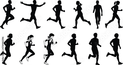 Running silhouette collection, black vector athletes, male and female joggers, sprinting and jogging poses, fitness motion icons, sports illustration, active lifestyle design