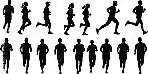 Running silhouette collection, black vector athletes, male and female joggers, front and side views, fitness motion icons, sports illustration, active lifestyle design