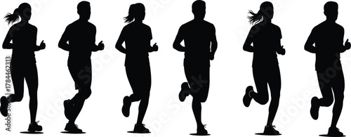 Running silhouette set, black vector athletes, male and female joggers, fitness motion icons, sports illustration, active lifestyle design, workout concept art