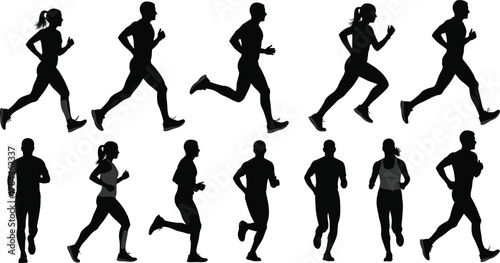 Running silhouette set, black vector athletes, male and female joggers, sprinting and jogging poses, fitness motion icons, sports illustration, active lifestyle design