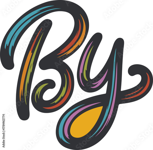 Colorful vector lettering of the word By in a handwritten script font with vibrant striped fill.