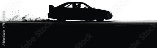 Silhouette of a car drifting with driver visible, isolated on white background, creating a dynamic scene of speed and control on the road