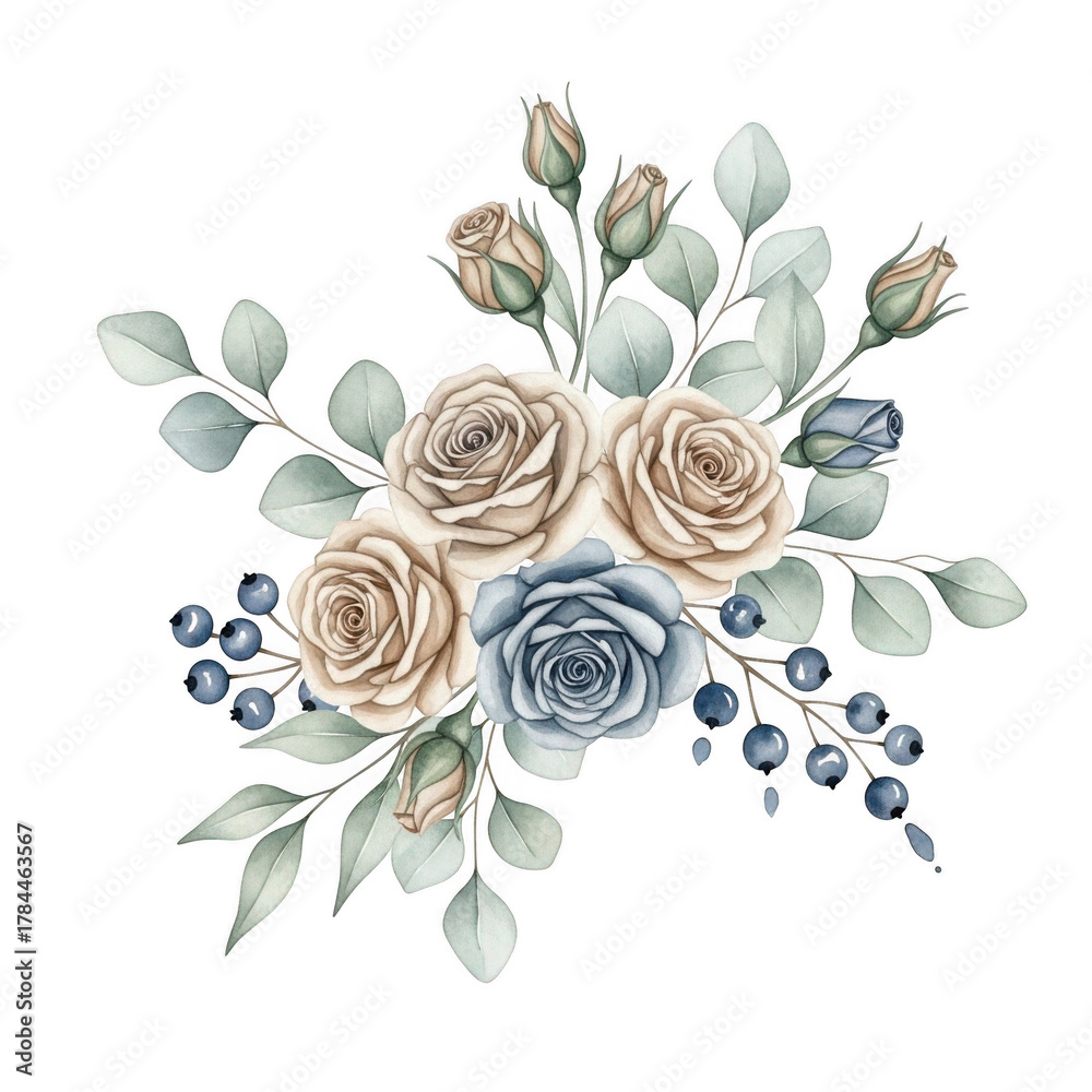 Fototapeta premium Floral arrangement of roses and eucalyptus leaves isolated on transparent background