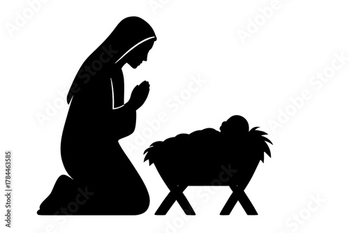 Simple nativity silhouette of Mary kneeling beside baby in manger, peaceful Christmas birth illustration in black isolated on white background