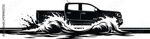 Black and white vector illustration of a pickup truck driving through water, isolated on white background, creating a dynamic and powerful scene