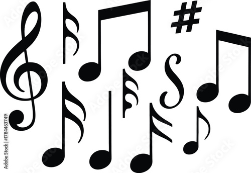 Collection of black musical notes and symbols on a white background