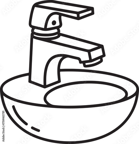 Contemporary bathroom sink and faucet vector outline representing plumbing fixtures and hygiene