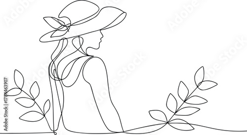 Woman in wide brim hat one line drawing female profile