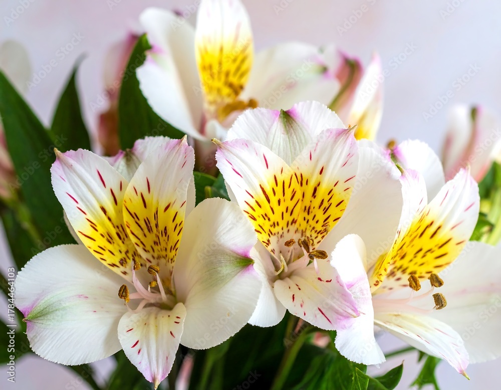 Fototapeta premium Close up shot of white & yellow Alstroemeria flowers with green leaves