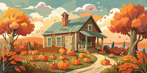 Autumn landscape vector illustration with pumpkins and house for fall season background design
