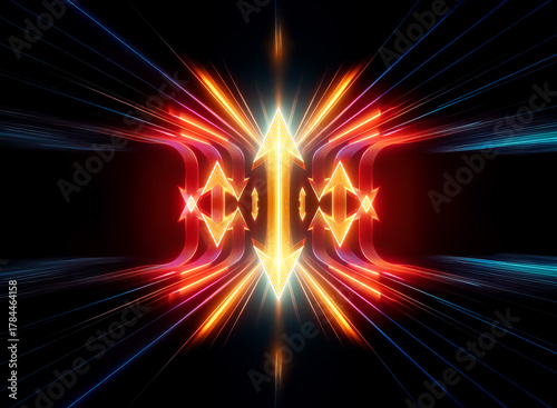 Symmetrical abstract design with vibrant light streaks of orange, red, and blue against a dark backdrop. Energetic and dynamic visual.