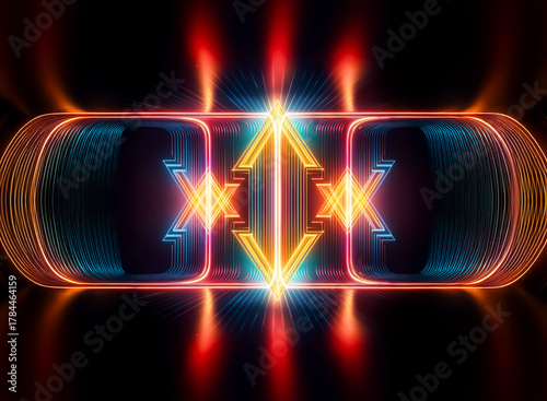 Vibrant abstract design featuring geometric shapes glowing with neon orange, blue, red, and yellow lights against a dark background, creating a futuristic and symmetrical visual.
