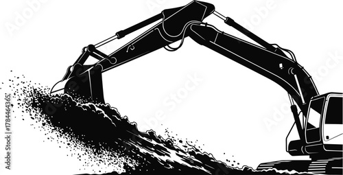 Excavator digging and moving earth, heavy construction equipment at work isolated on white background, vector illustration in black and white