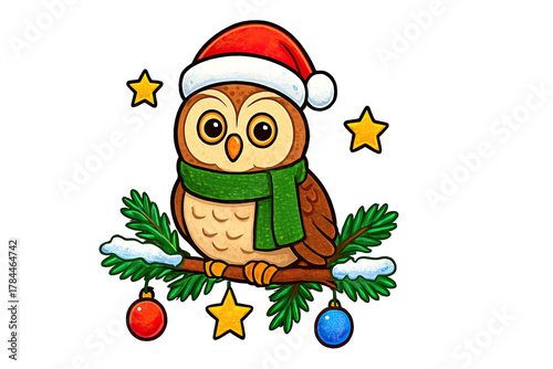 Cute cartoon owl wearing Santa hat and green scarf sitting on pine branch with ornaments and stars isolated on white background