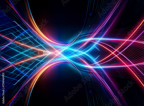 Vibrant light trails in blue, orange, and pink cross and weave on a dark backdrop, creating a dynamic, futuristic and visually engaging abstract composition.