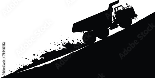 Silhouette of a dump truck climbing a steep hill, conveying themes of construction, transportation, and industrial activity isolated on white background