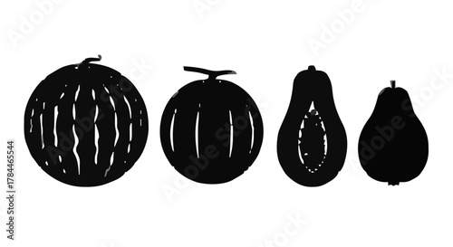 Minimalist Fruit Collection Black Silhouettes of Watermelon, Melon, Papaya, and Pear