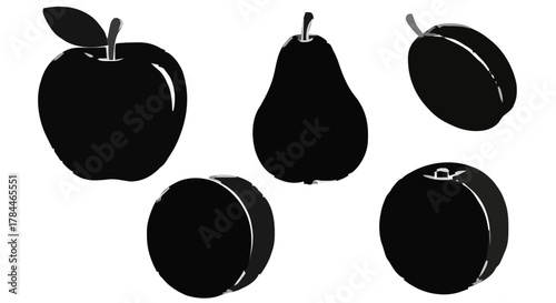 Collection of Various Fruit Silhouettes Vector Illustration for Healthy Food Concepts and Graphic Design Elements, Simple Black Shapes of Apple, Pear, Plum, and Citrus for Modern Pictograms