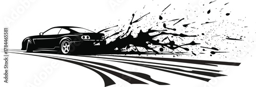 A sleek black sports car drifts, leaving a trail of tire marks and a cloud of smoke, isolated on white background a dynamic vector illustration