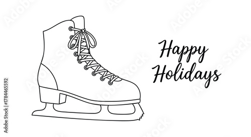 Simple black and white line drawing of a figure skate with happy holidays text in elegant script on a white background
