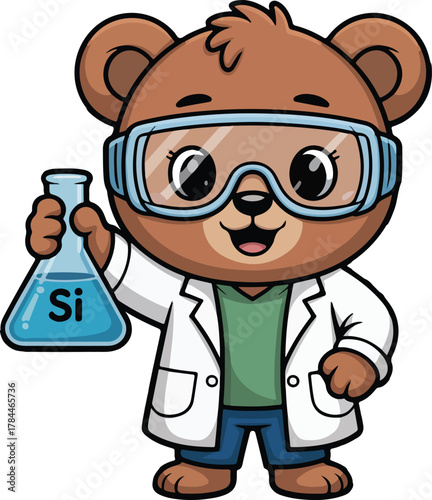 Cute cartoon bear scientist vector illustration wearing lab coat and safety goggles holding a beaker with Si