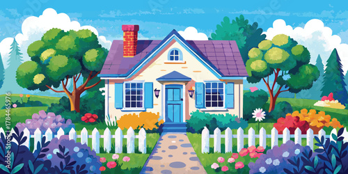 Cartoon house vector illustration with garden landscape background for kids and children design
