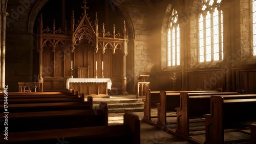 Interior of An Old Stone Church Altar and Wooden Pews with Natural Light Coming Through Stained Glass Windows and Dust Motes in the Air
