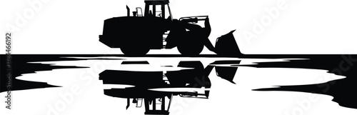 Silhouette of a bulldozer reflected in water, creating a striking contrast isolated on white background the image is simple and clean