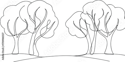 Two stylized trees with flowing branches and leaves